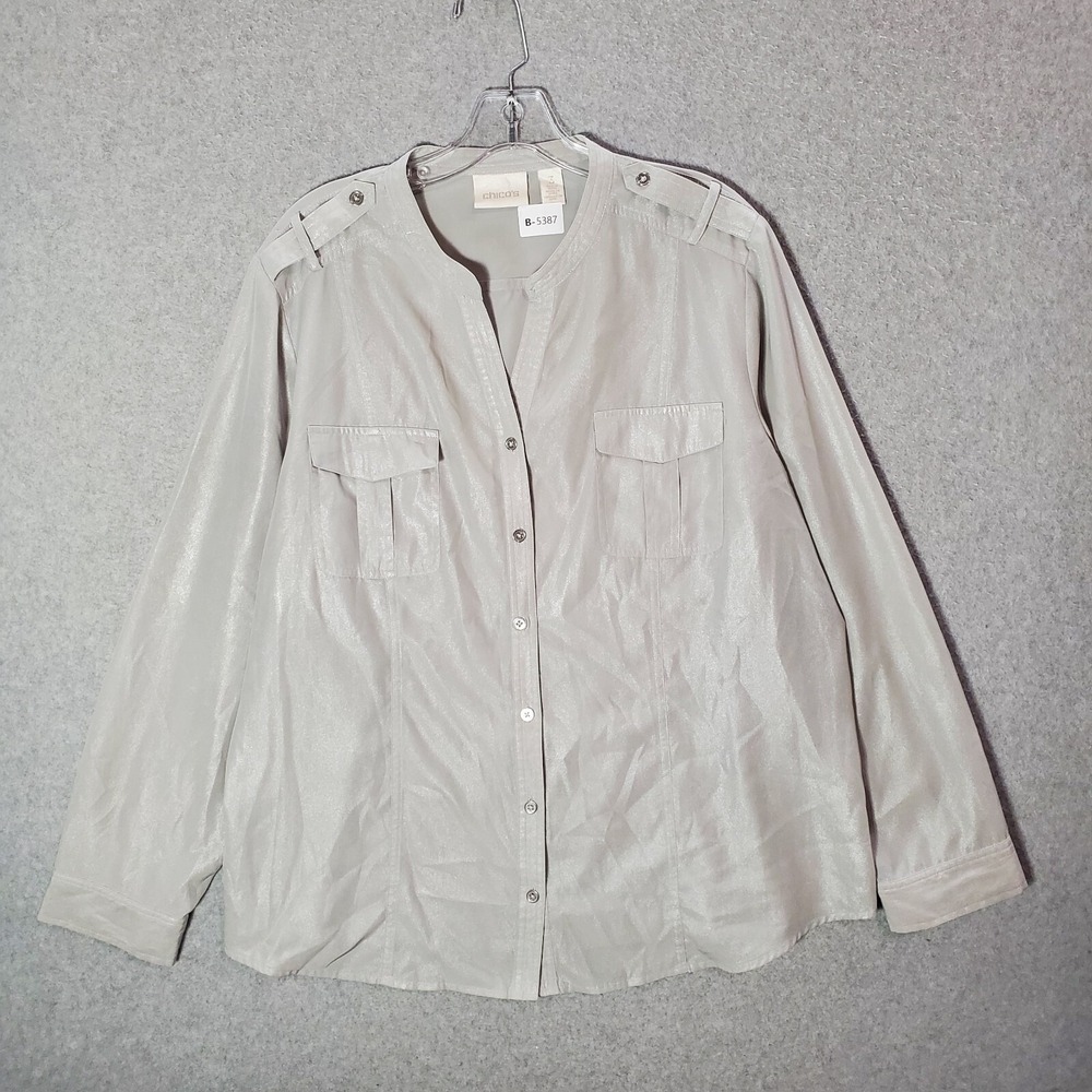 Chico's Women Top 3 Gray Utility Safari Pockets Button Up Collar‎